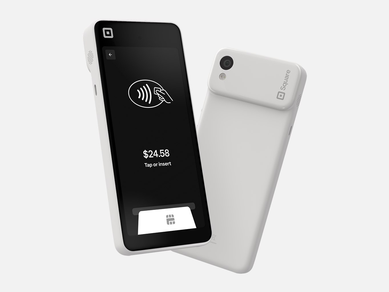 Square Handheld from the front, showing a tap or insert payment screen, and from the back