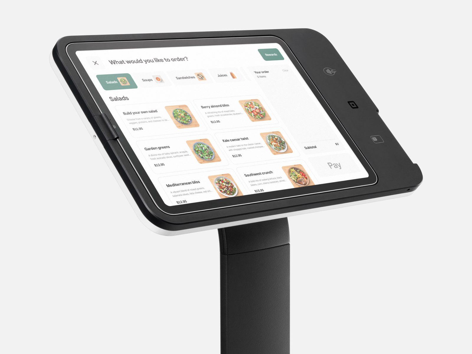 Square Kiosk on a floor stand showing a self-order menu