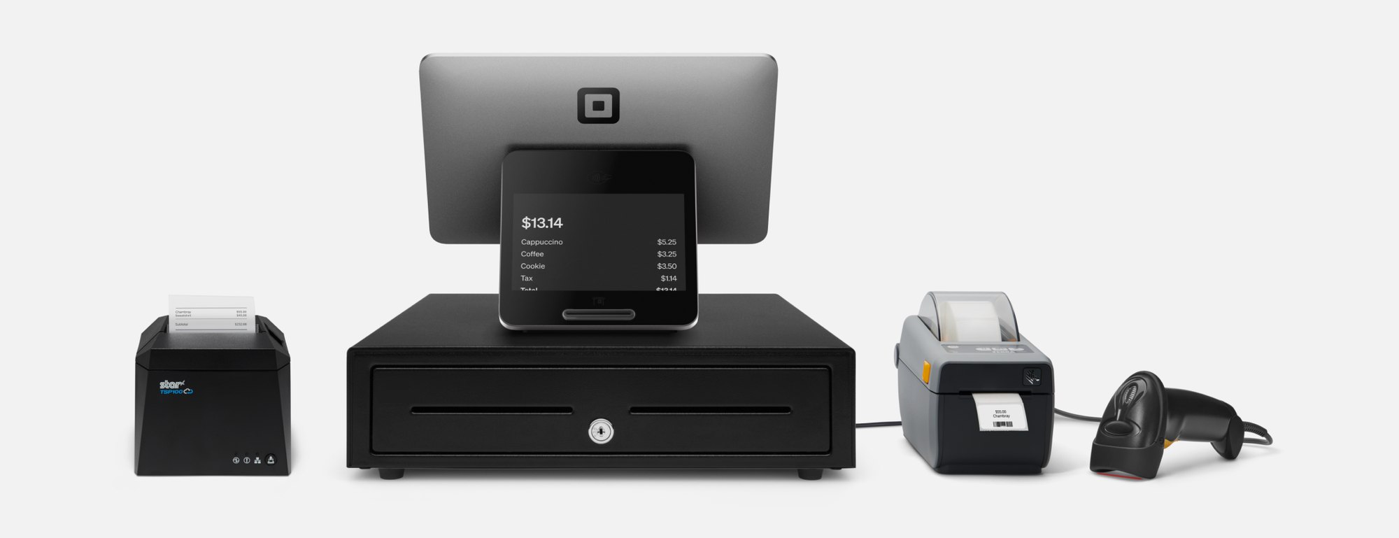 A Square Register (2nd generation) counter kit with a receipt printer, cash drawer, label printer and barcode scanner