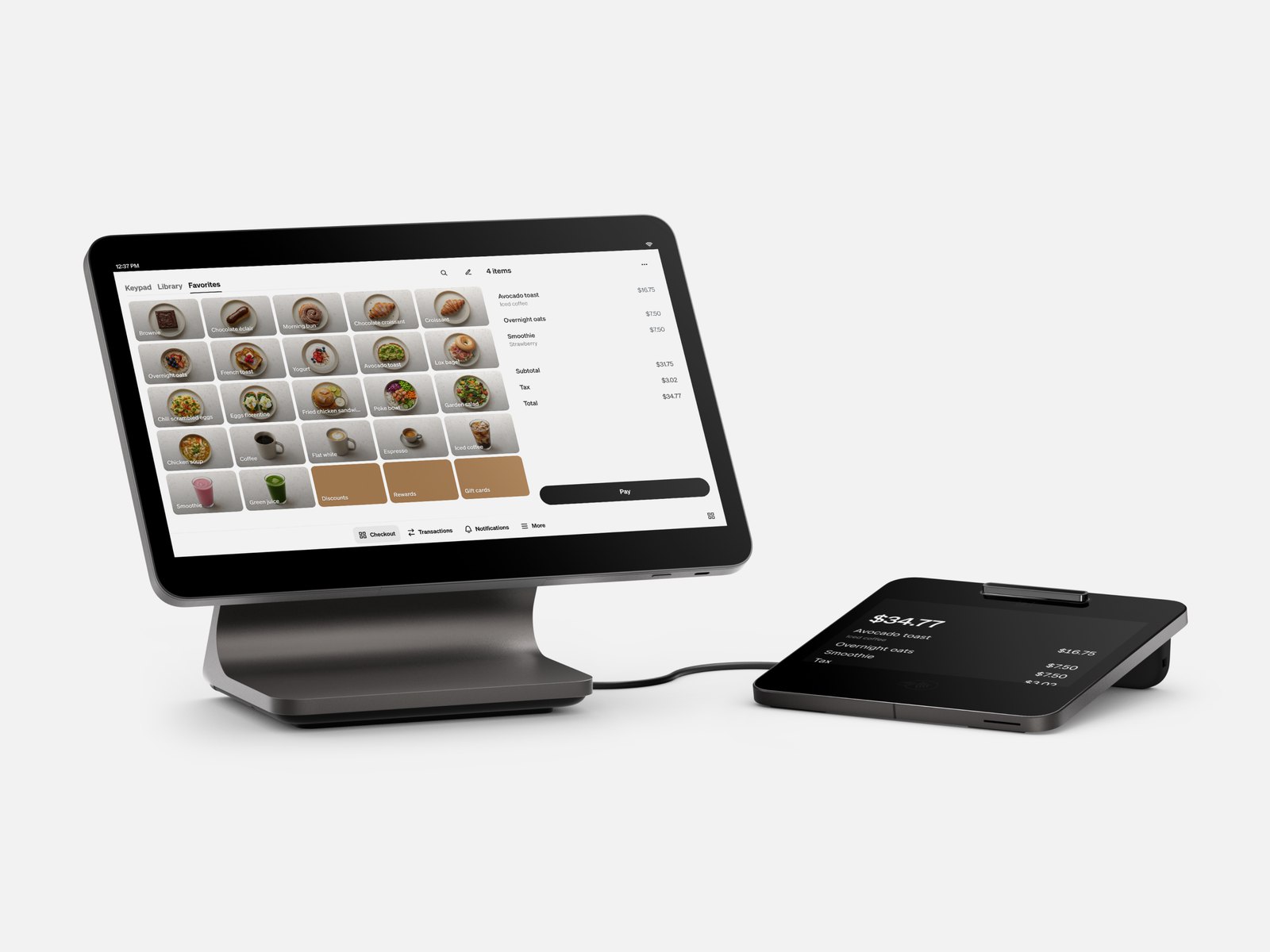 Square Register (2nd generation): the staff screen showing a cafe menu and the customer display beside it