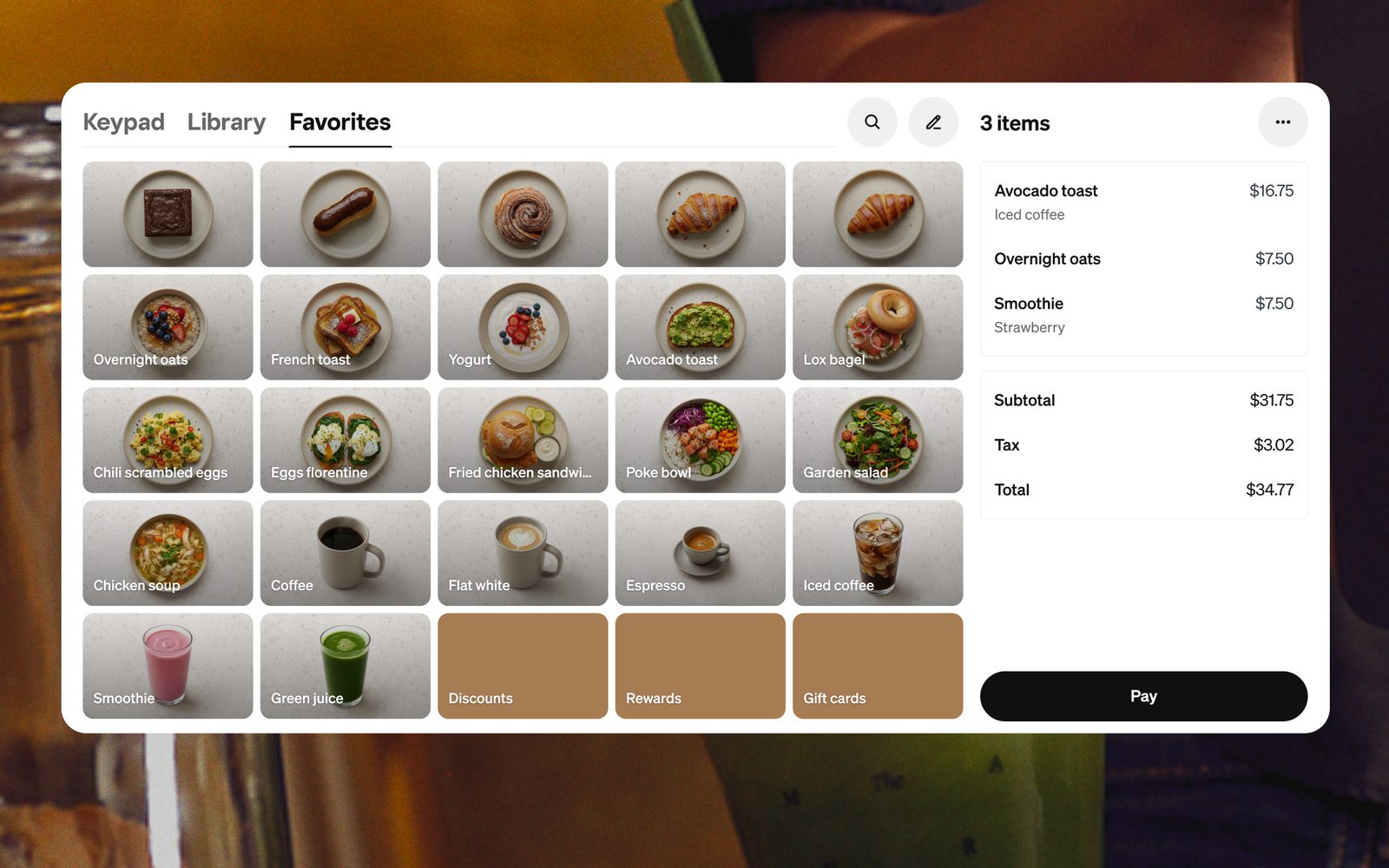 A full cafe menu built on the Square Register staff screen